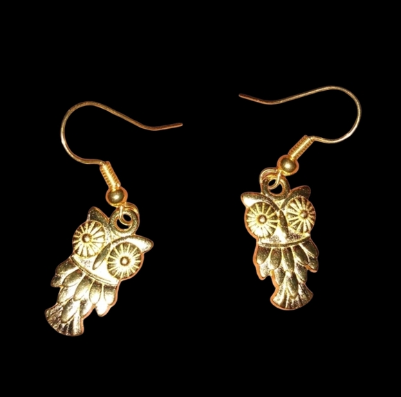 Little Owls Earrings Big Eyes Owl Lovers Gold Charms Dangle Charm New Handmade - Picture 4 of 8